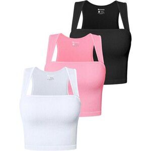Womens Ribbed Crop Tank Top Set Square Neck Seamless Strappy Workout Tee